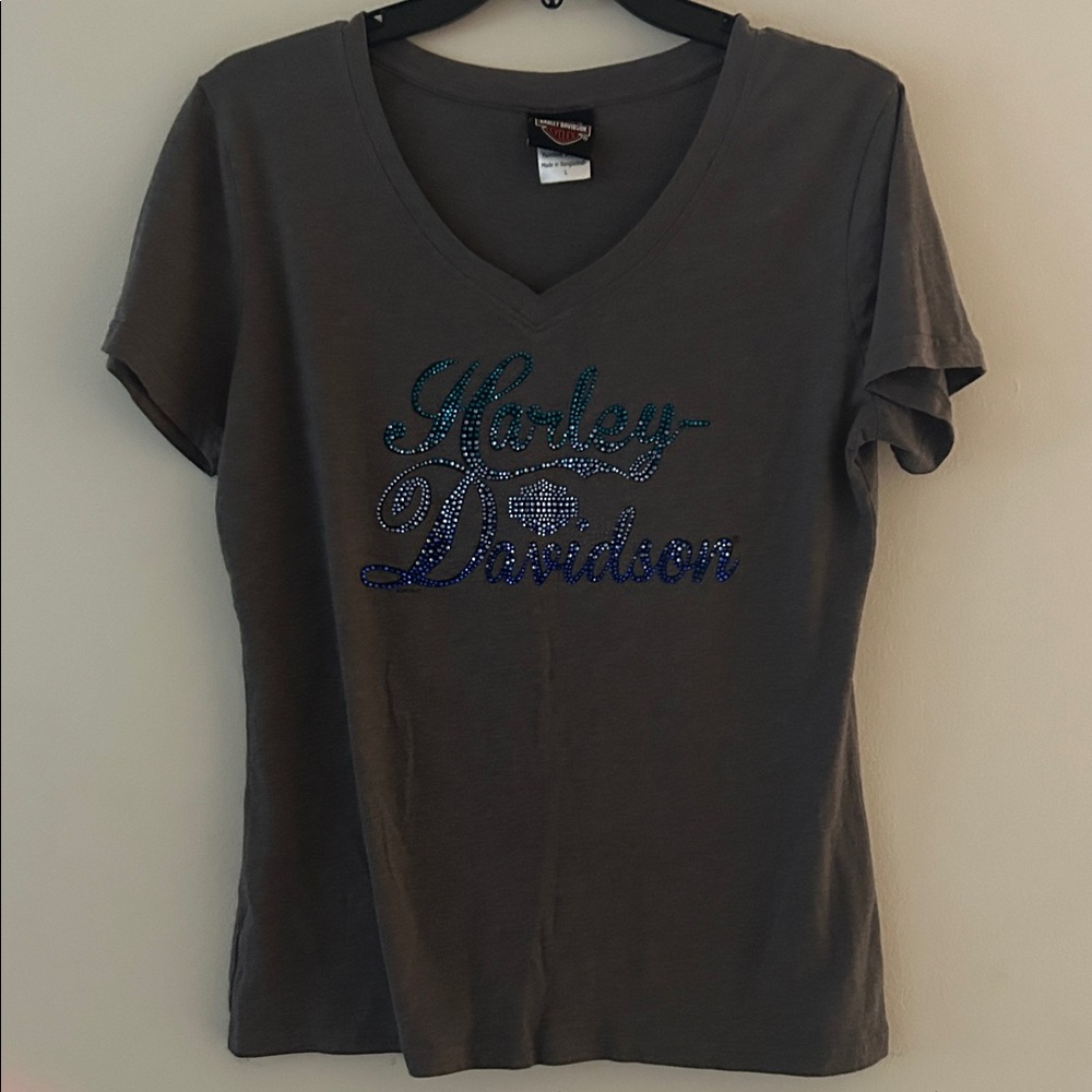 Harley-Davidson Charcoal V-Neck Tee with Blue Accents